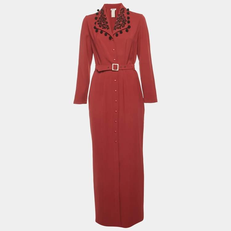 مملوكة مسبقًا MUGLER Maroon Embroidered Collar Crepe Belted Maxi Dress L 