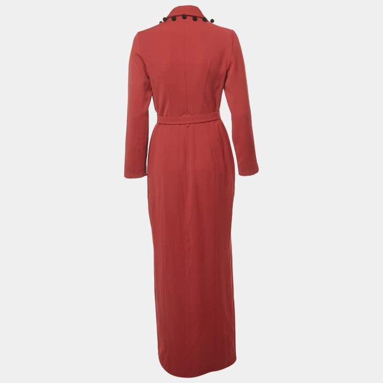 مملوكة مسبقًا MUGLER Maroon Embroidered Collar Crepe Belted Maxi Dress L 