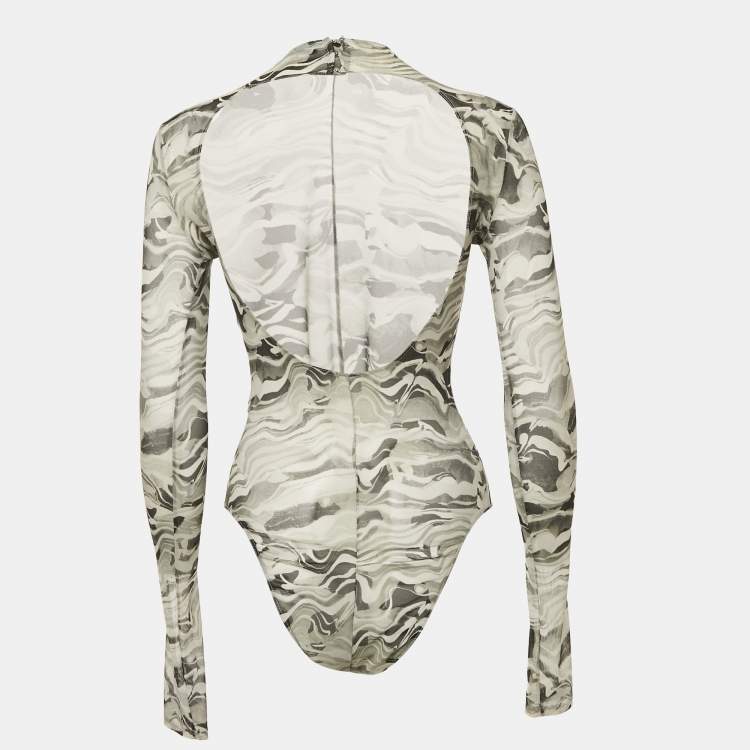 مملوكة مسبقًا Mugler Grey Camouflage Print Mesh Bodysuit L