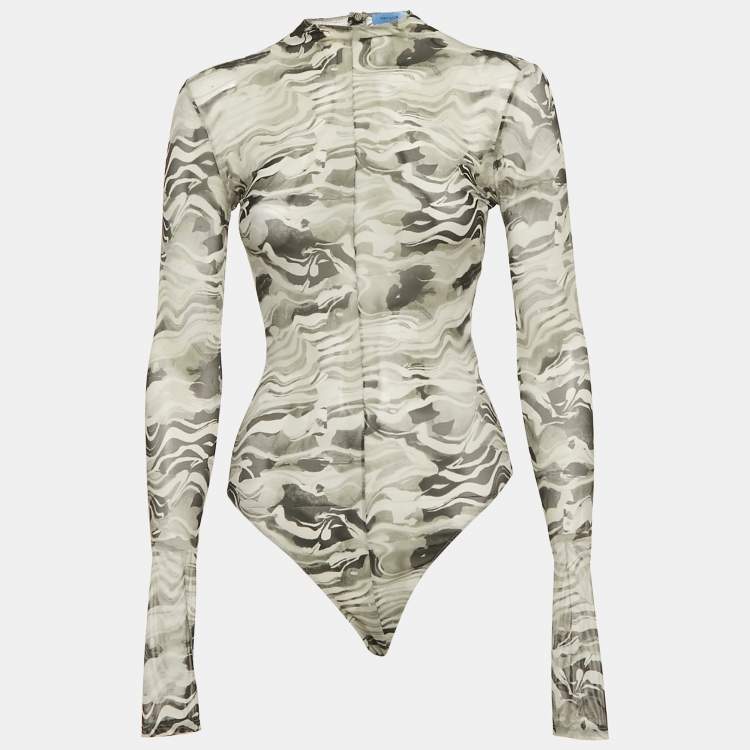 مملوكة مسبقًا Mugler Grey Camouflage Print Mesh Bodysuit L