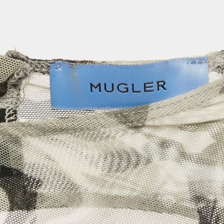 مملوكة مسبقًا Mugler Grey Camouflage Print Mesh Bodysuit L