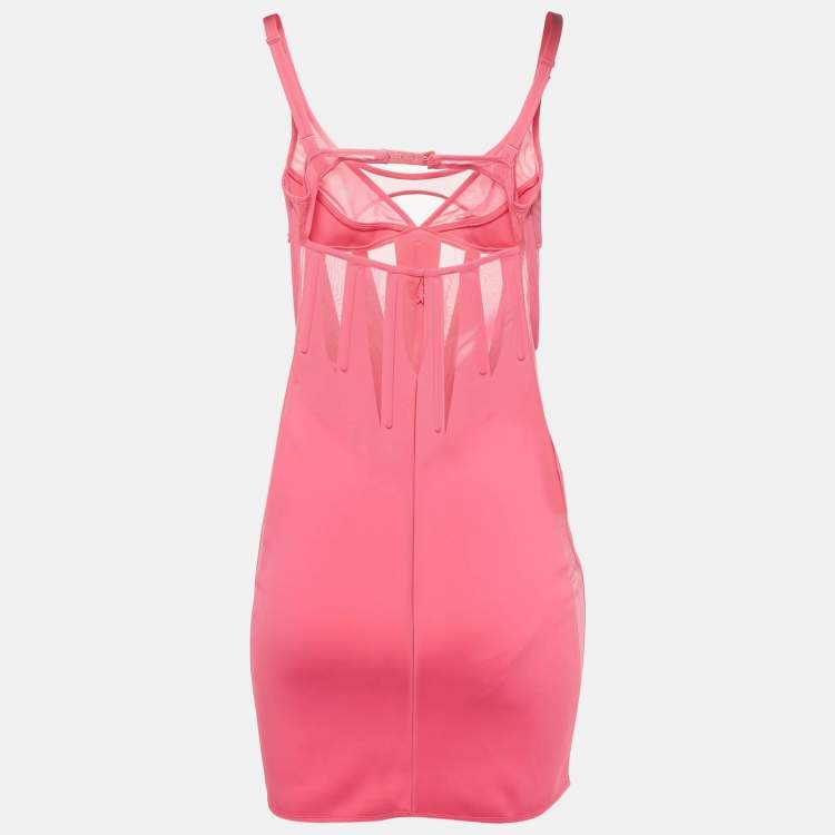 Pre Owned Mugler Pink Techno Jersey Mesh Detailed Mini Corset Dress S