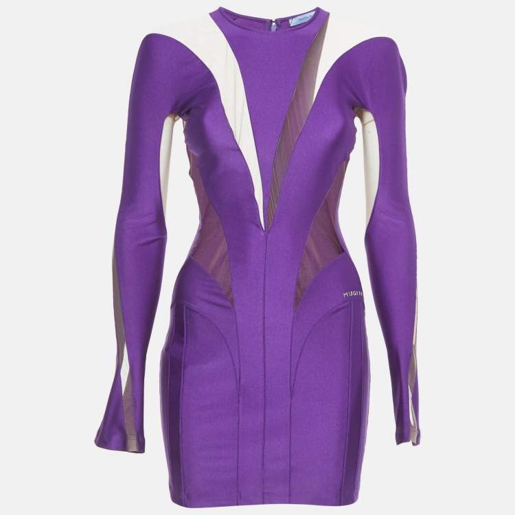 Pre Owned Mugler Purple Jersey and Tulle Mini Bodycon Dress S