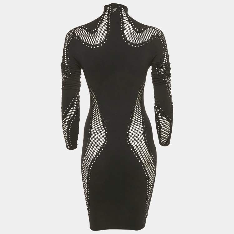 Pre Owned Mugler Black Nylon Knit Perforated Detail High Neck Bodycon Dress S