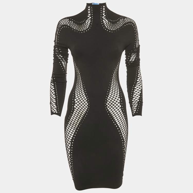Pre Owned Mugler Black Nylon Knit Perforated Detail High Neck Bodycon Dress S
