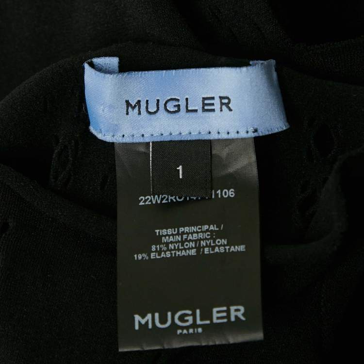Pre Owned Mugler Black Nylon Knit Perforated Detail High Neck Bodycon Dress S