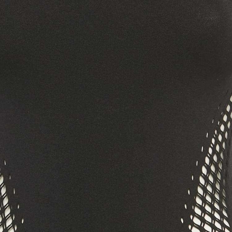 Pre Owned Mugler Black Nylon Knit Perforated Detail High Neck Bodycon Dress S
