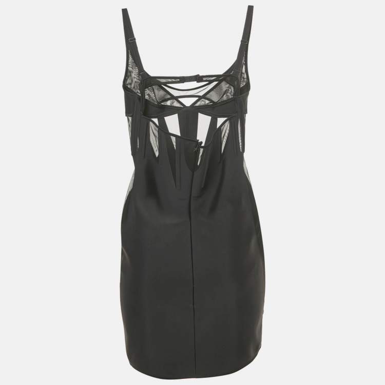 Pre Owned MUGLER Black Stretch Crepe Mesh Cut -Out Detail Corset Mini Dress M