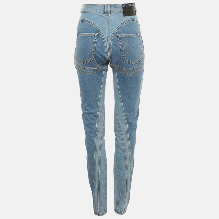 Pre Owned MUGLER Blue Paneled Denim High-Rise Jeans M/Waist 30"