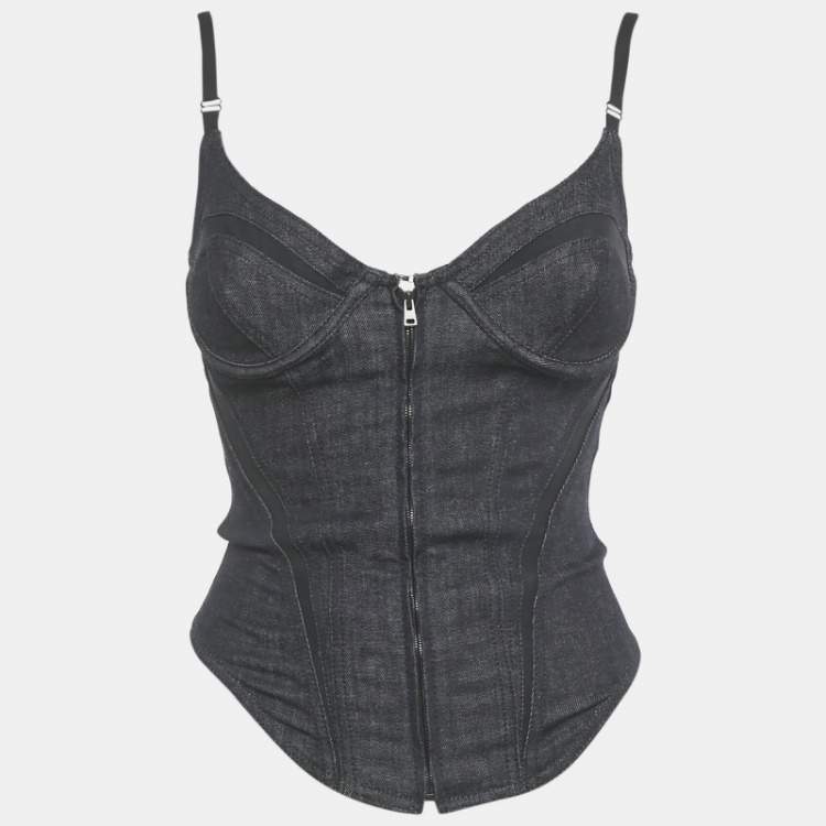 Pre Owned MUGLER Dark Blue Denim Mesh Detail Corset Top S