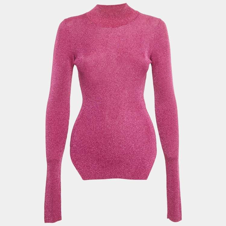 Pre Owned Mugler Pink Lurex Rib Knit Mock Neck Pullover S
