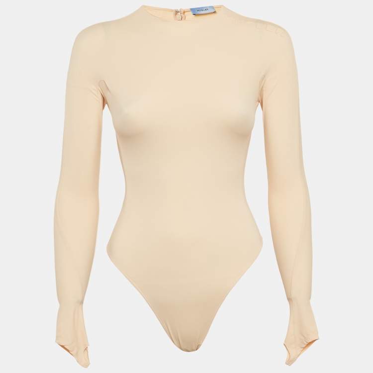 Pre Owned Mugler Beige Jersey Long-Sleeve Thumb-Holes Bodysuit S