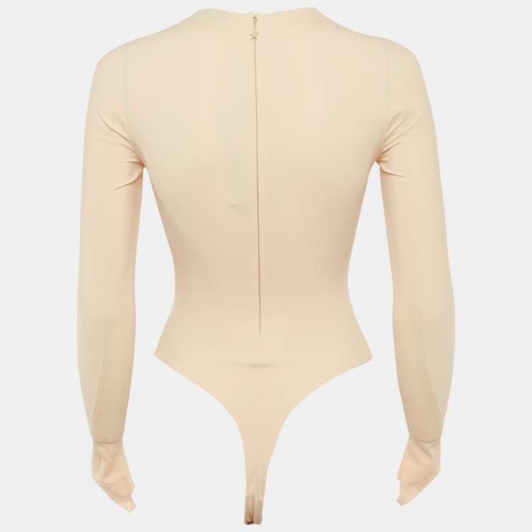 Pre Owned Mugler Beige Jersey Long-Sleeve Thumb-Holes Bodysuit S