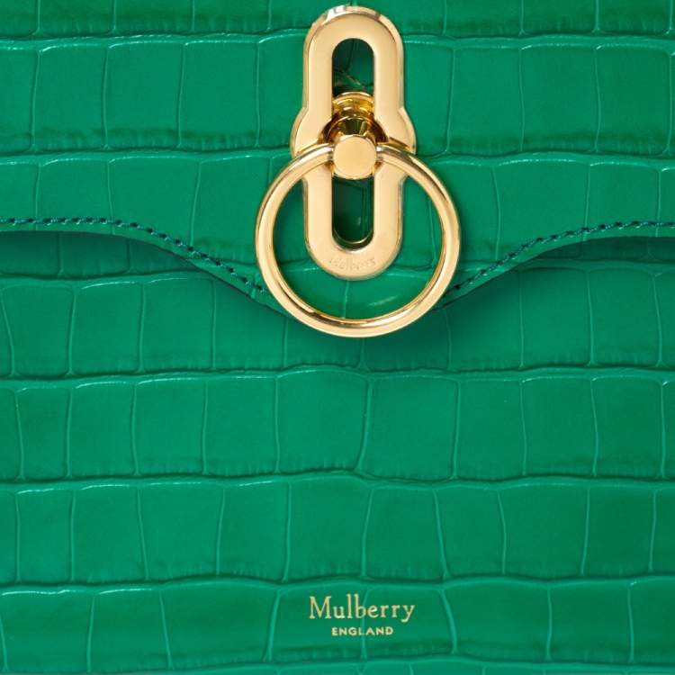 Pre Owned Mulberry Green Croc Embossed Leather Mini Seaton Top Handle Bag