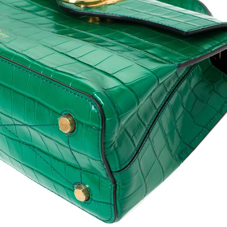 Pre Owned Mulberry Green Croc Embossed Leather Mini Seaton Top Handle Bag