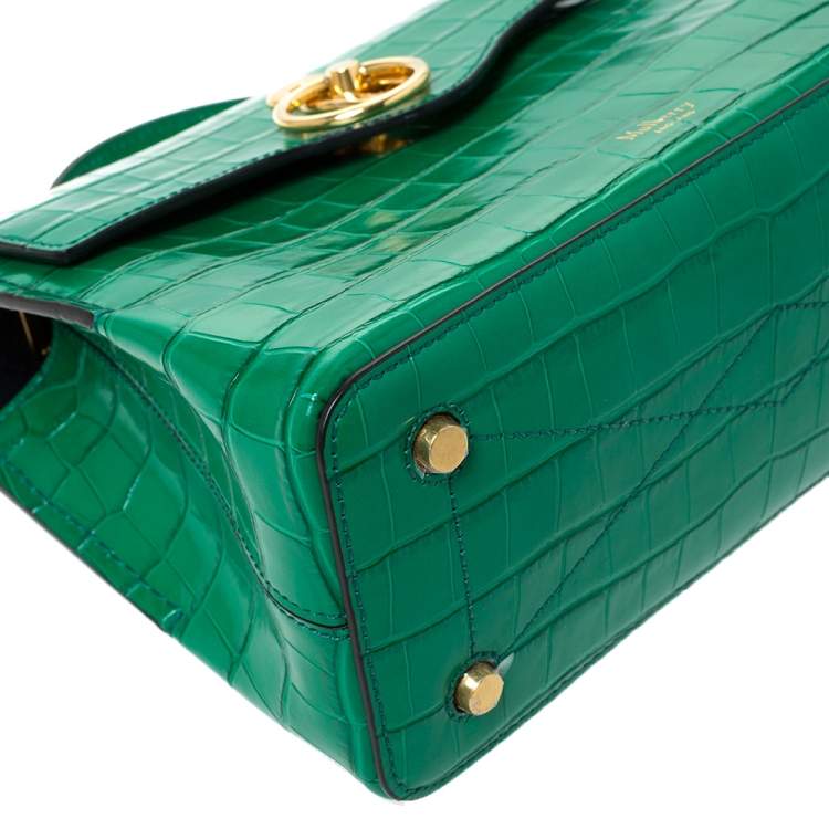 Pre Owned Mulberry Green Croc Embossed Leather Mini Seaton Top Handle Bag