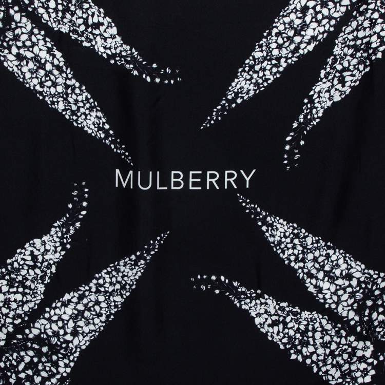 Pre Owned Mulberry Black Floral Logo Print Silk Scarf