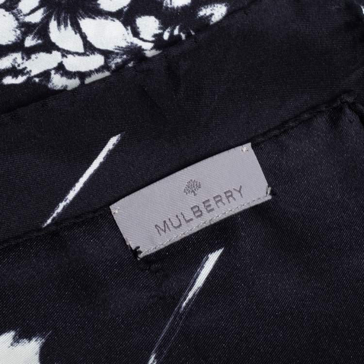Pre Owned Mulberry Black Floral Logo Print Silk Scarf