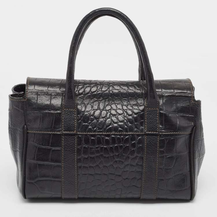 Pre Owned Mulberry Black Croc Embossed Leather Small Bayswater Satchel