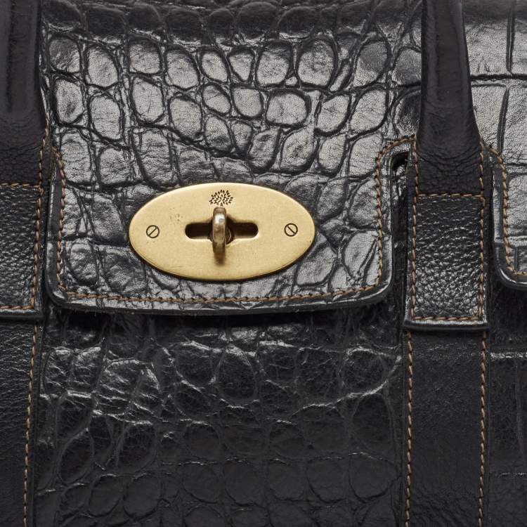 Pre Owned Mulberry Black Croc Embossed Leather Small Bayswater Satchel
