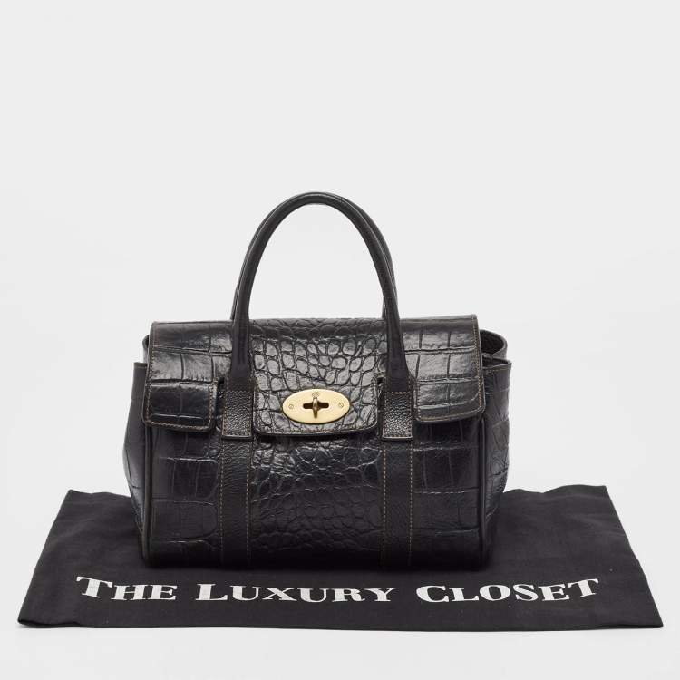 Pre Owned Mulberry Black Croc Embossed Leather Small Bayswater Satchel