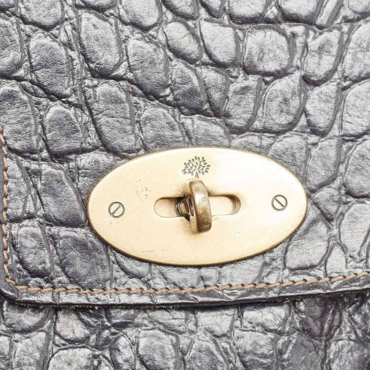 Pre Owned Mulberry Black Croc Embossed Leather Small Bayswater Satchel