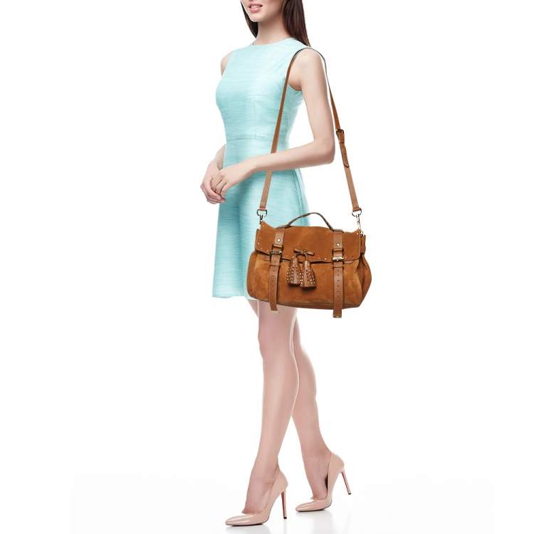 Pre Owned Mulberry Brown Nubuck and Leather Studded Tassel Alexa Satchel