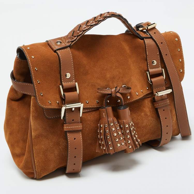 Pre Owned Mulberry Brown Nubuck and Leather Studded Tassel Alexa Satchel