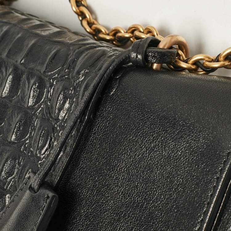Pre Owned Mulberry Black Croc Embossed Leather and Leather Medium Lily Shoulder Bag