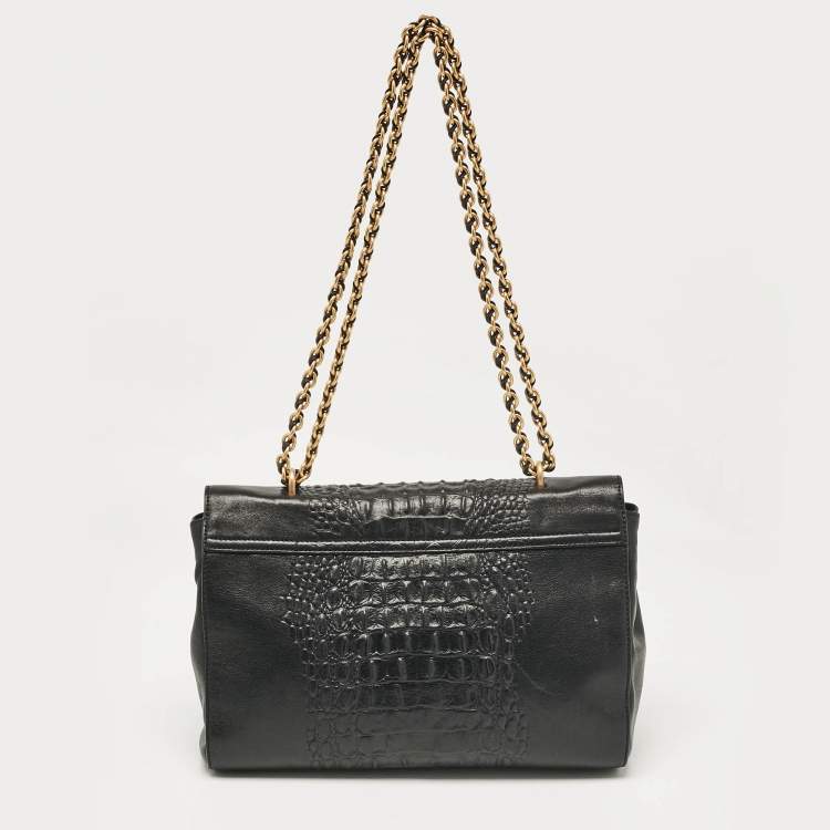 Pre Owned Mulberry Black Croc Embossed Leather and Leather Medium Lily Shoulder Bag