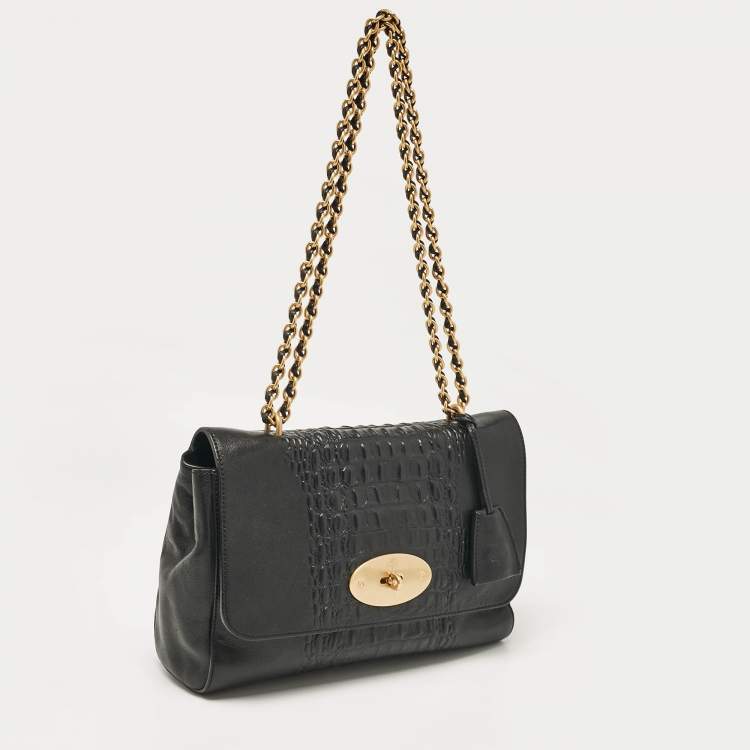 Pre Owned Mulberry Black Croc Embossed Leather and Leather Medium Lily Shoulder Bag