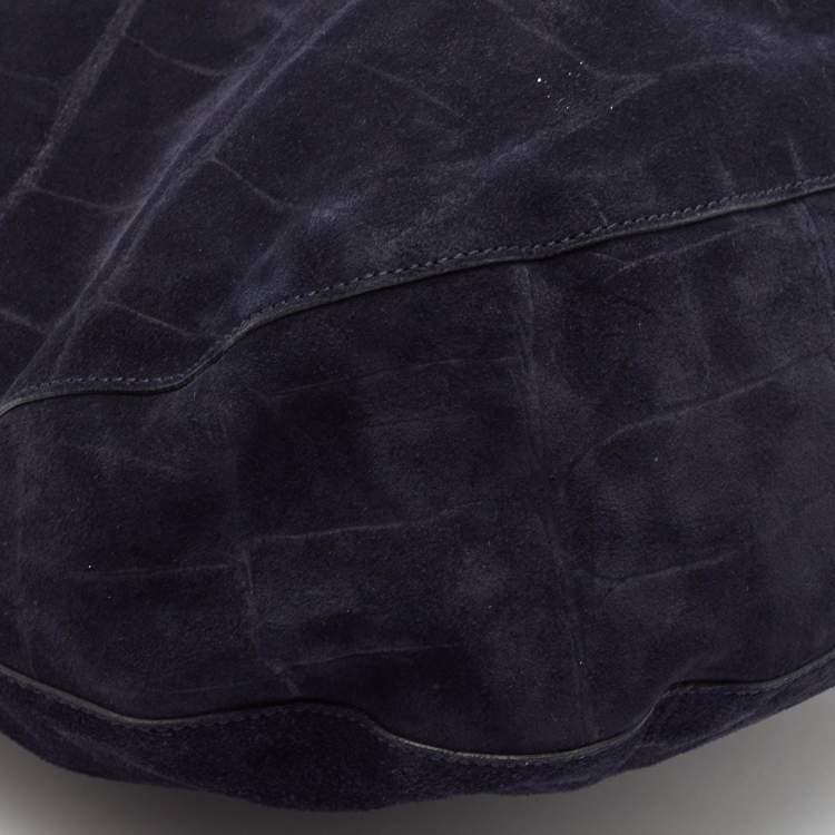 Pre Owned Mulberry Navy Blue Leather and Croc Embossed Suede Daria Hobo