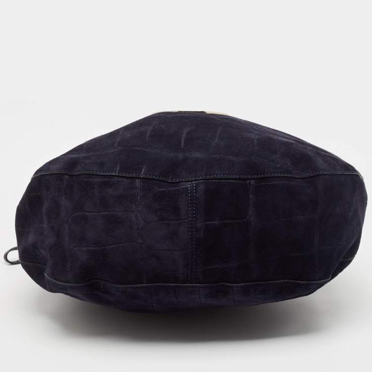 Pre Owned Mulberry Navy Blue Leather and Croc Embossed Suede Daria Hobo