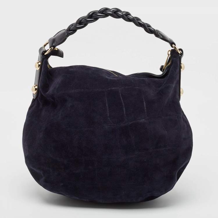 Pre Owned Mulberry Navy Blue Leather and Croc Embossed Suede Daria Hobo