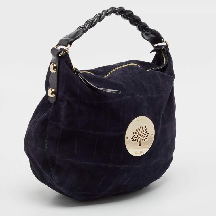 Pre Owned Mulberry Navy Blue Leather and Croc Embossed Suede Daria Hobo