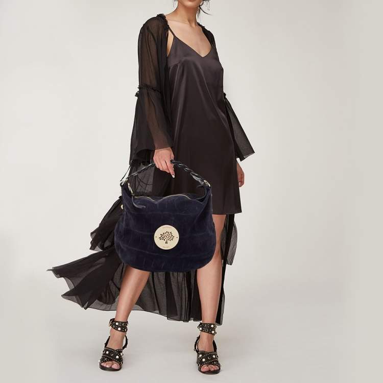 Pre Owned Mulberry Navy Blue Leather and Croc Embossed Suede Daria Hobo