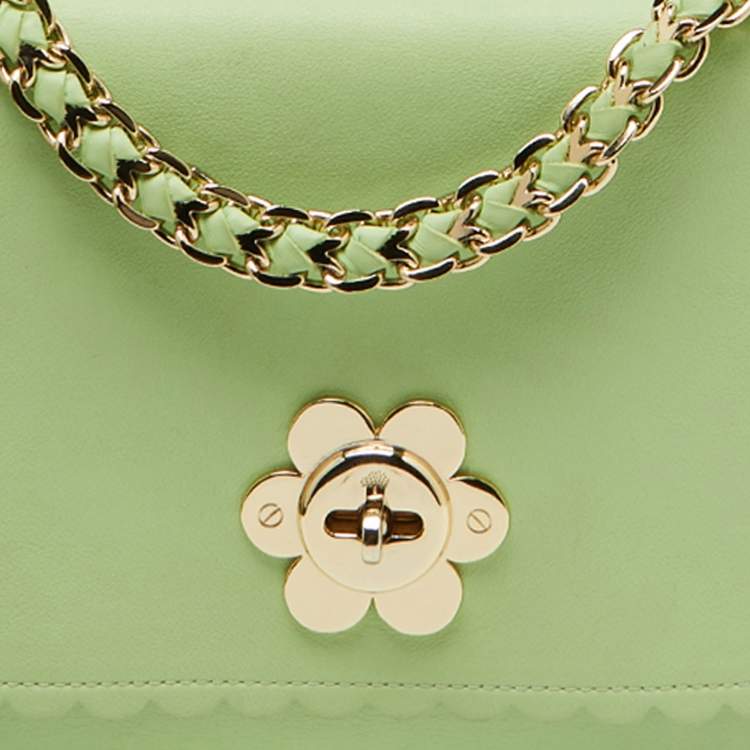Pre Owned Mulberry Mint Green Leather Cecily Flower Top Handle Bag