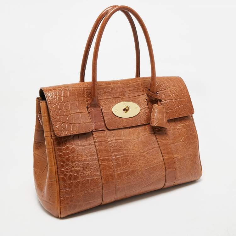 Pre Owned Mulberry Brown Croc Embossed Leather Bayswater Satchel