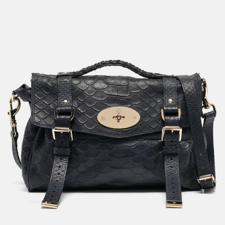 Pre Owned Mulberry Navy Blue Python Embossed Leather Alexa Satchel