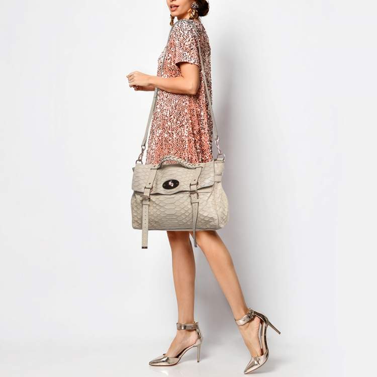 Pre Owned Mulberry Beige Python Embossed Leather Oversized Alexa Satchel