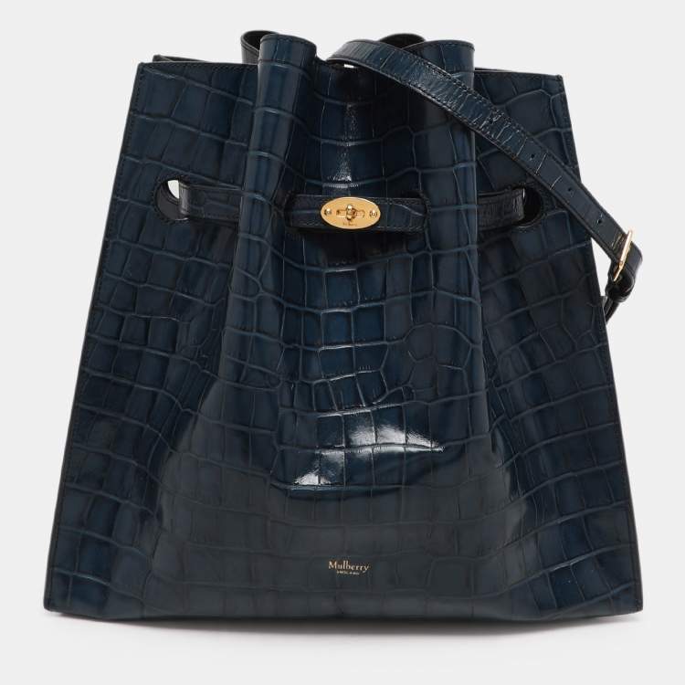 Pre Owned Mulberry Blue Croc Embossed Leather Tyndale Bucket Shoulder Bag