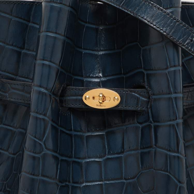Pre Owned Mulberry Blue Croc Embossed Leather Tyndale Bucket Shoulder Bag