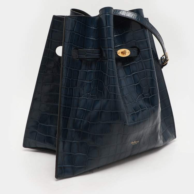 Pre Owned Mulberry Blue Croc Embossed Leather Tyndale Bucket Shoulder Bag