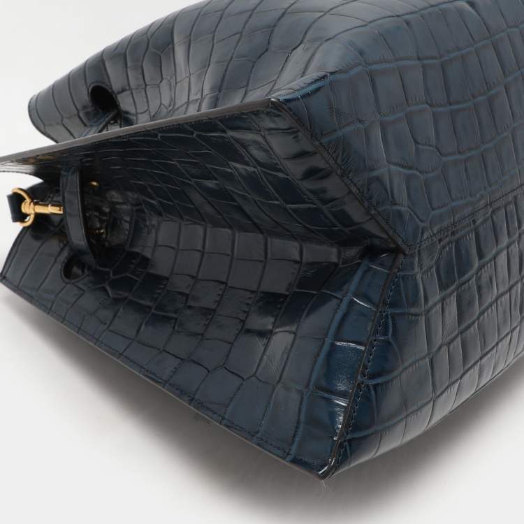 Pre Owned Mulberry Blue Croc Embossed Leather Tyndale Bucket Shoulder Bag