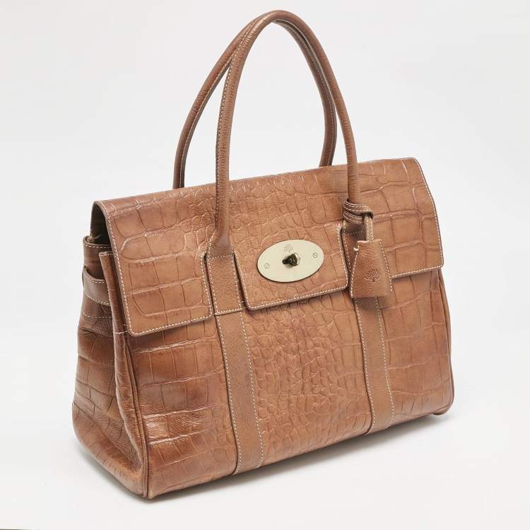 Pre Owned Mulberry Brown Croc Embossed Leather Bayswater Satchel