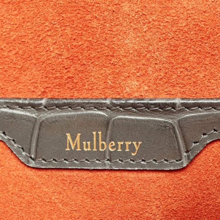 Pre Owned Mulberry Grey Croc Embossed Leather Medium Harlow Top Handle Bag