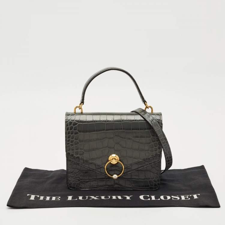 Pre Owned Mulberry Grey Croc Embossed Leather Medium Harlow Top Handle Bag