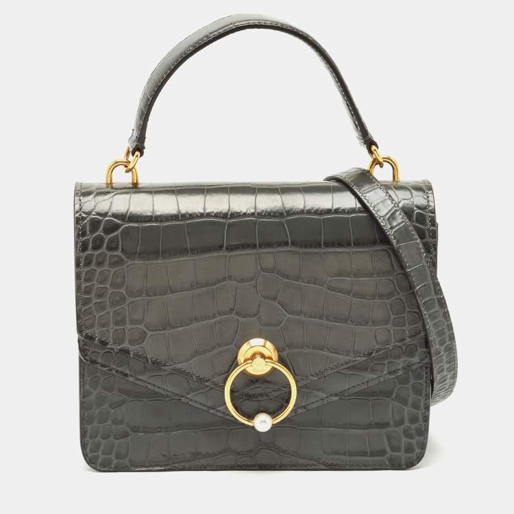 Pre Owned Mulberry Grey Croc Embossed Leather Medium Harlow Top Handle Bag