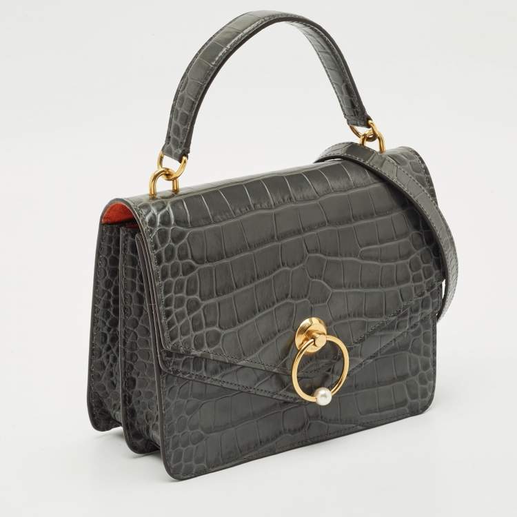Pre Owned Mulberry Grey Croc Embossed Leather Medium Harlow Top Handle Bag