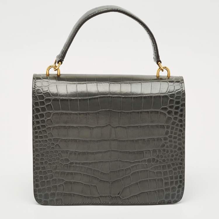 Pre Owned Mulberry Grey Croc Embossed Leather Medium Harlow Top Handle Bag